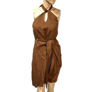 Rails Women's Brown Linen Tie Front Layer Halter Tanya Dress Size M Medium NWT